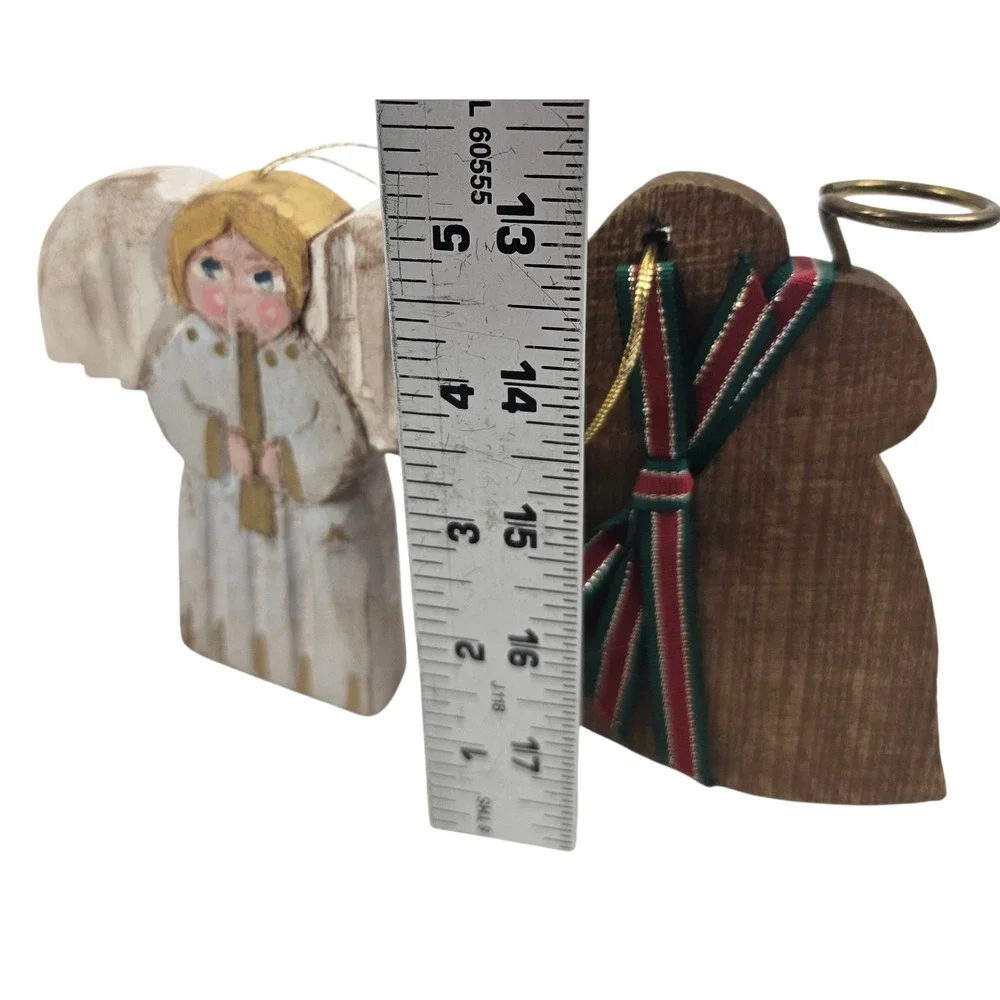 Vintage Folk Art Wooden Angel Ornaments Set of 2 Hand Painted Signed Rustic